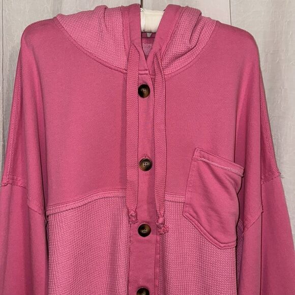 AE Raspberry Peak Pink Waffle Knit Big Hug Oversized Button Hooded Shacket - Picture 9 of 16